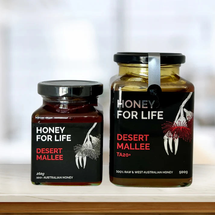 2 glas med Honey for life , Desert Mallee honning, TA20+ Australien