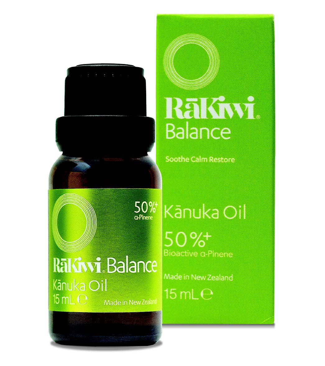 flaske og æske med RāKiwi BALANCE Kānuka Oil (α-Pinene 50%+)