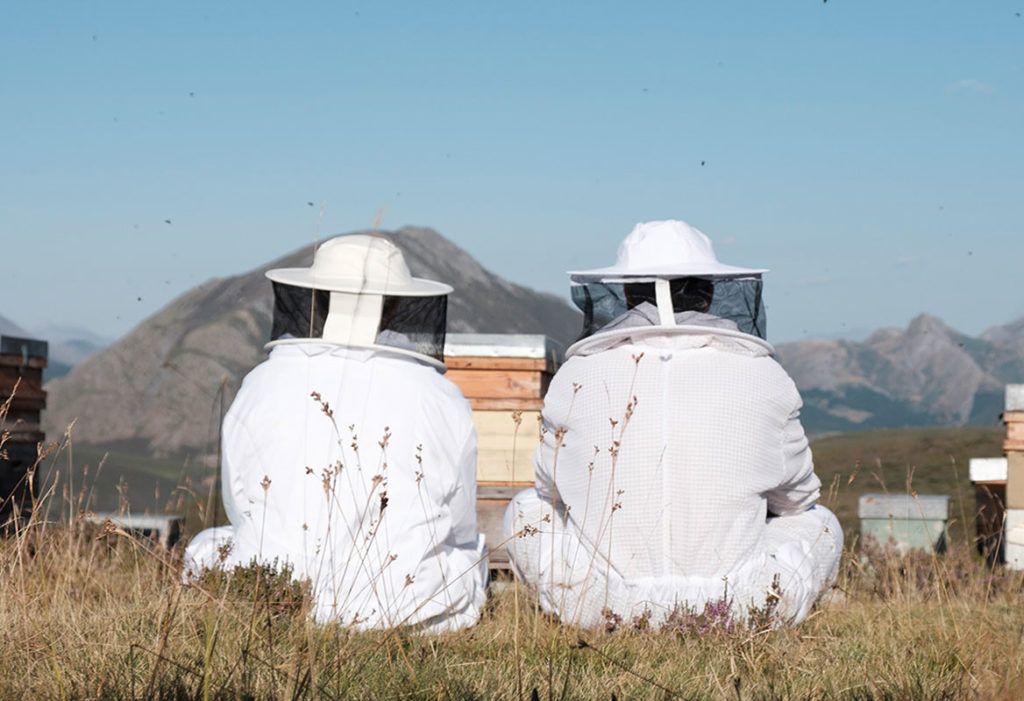 To personer fra Olaya, i hvide dragter foran bistader med bjerge i baggrunden, Spanien