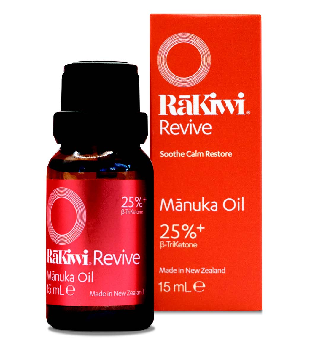 flaske og æske med RāKiwi REVIVE Manuka Olie (β-Triketon 25%+), 15ml